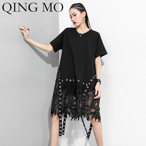 

цин мо черные женщины нерегулярные платья 2020 женщины кружева лоскутное платье женский короткий рукав свободный прилив zqy3631, Black;gray