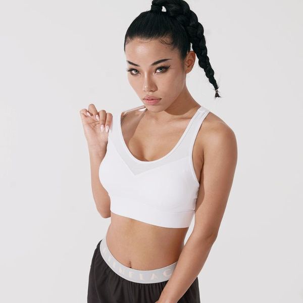 

gym clothing fitness sports bra adjustable crop women mesh pathwork breathable with chest pad high impact running activewear, White;black
