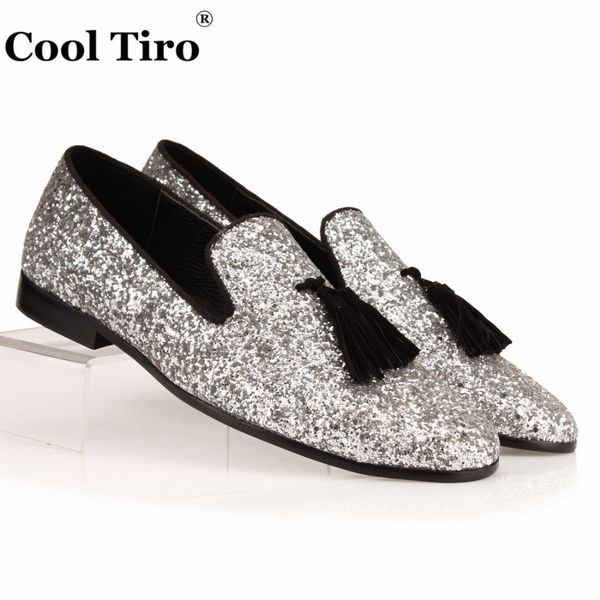 

cool tiro silver glistening glitter men loafers black tassel sequins slippers shoes mens dress shoes flats genuine leather