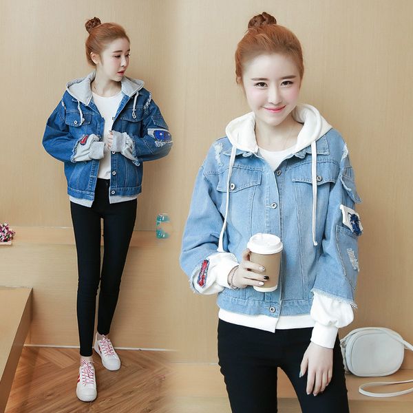 

korean fashion women students hole retro wind hooded single breasted jeans jackets denim coats, Black;brown