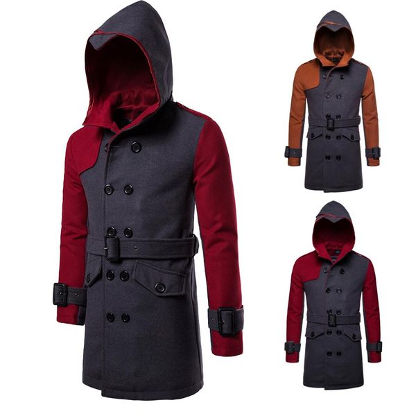 

men's wear selling new style double breasted hooded belt mid-length woolen coat overcoat b042, Tan;black