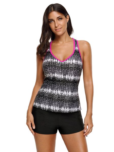 

черный принт tummy control sport tankini top, White;black
