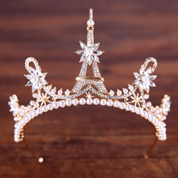 

forseven gold silver crystal simulated pearls princess tiaras crowns diadem bride noiva bridal wedding party jewelry mujer 2019, Golden;white