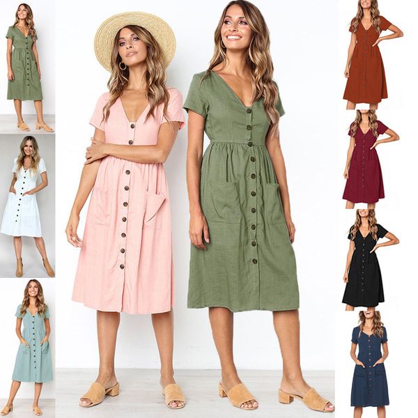 

европейский и американский горячий продавать летняя мода тонкий кнопки v-образным вырезом дикий карман с короткими рукавами женское платье 9, White;black