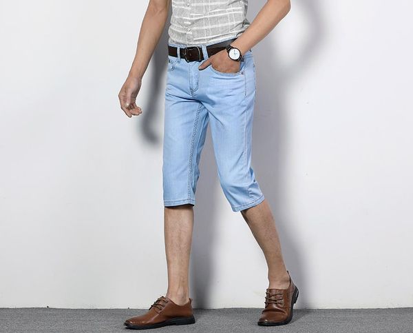 

big size 38 40 summer new men business denim shorts fashion casual stretch slim blue thin short knee length jeans shorts for men