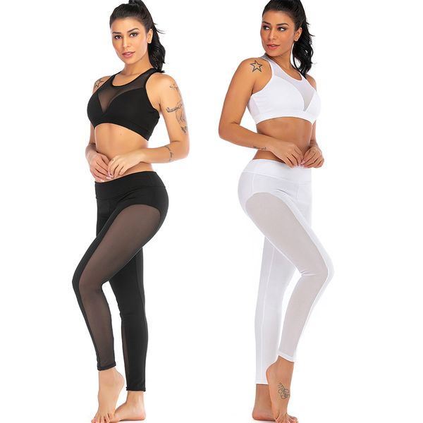 

women mesh gym workout clothes fitness crop + pants leggings 2 pieces gym yoga sets sportswear sports bra set, White;red