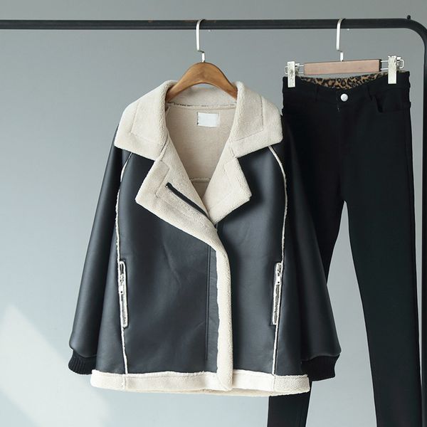 

winter leather jacket new warm leather jacket women thick lapel coat long sleeve zipper wool women, Black;brown
