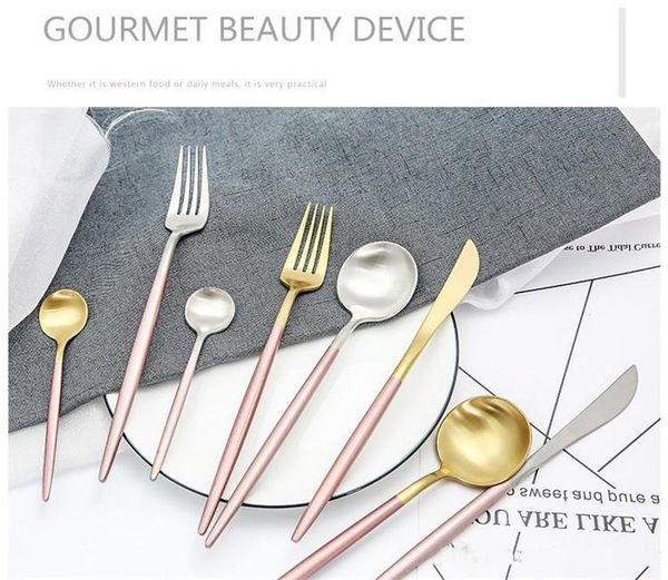 

stainless steel portugal style pointed tail cutlery knife fork spoon tea spoon flatware sets home high-end pink handle tableware dhl an2808