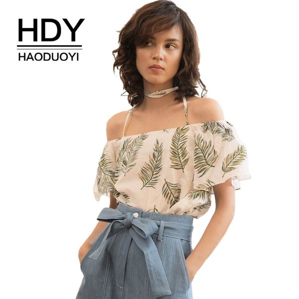 

hdy haoduoyi 2019 new girl ins wind blouse shoulder strap suspender printing short sleeve, White