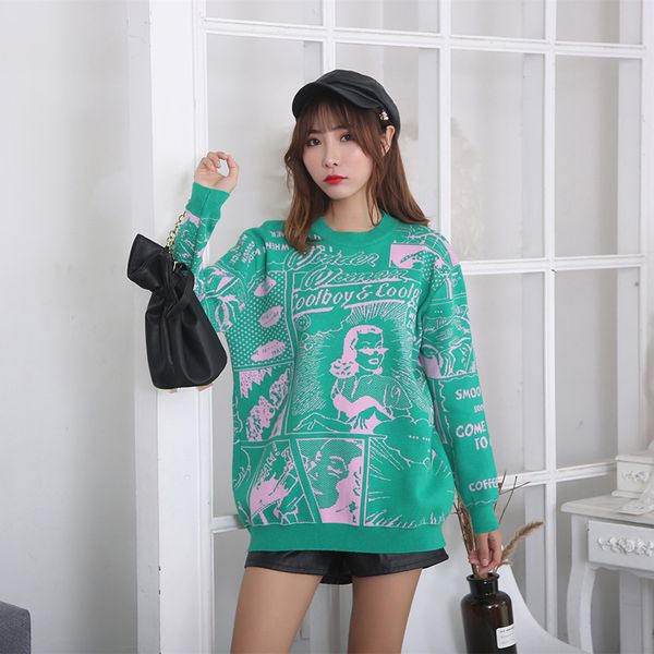 

harajuku cartton embroidery pattern women sweaters korean casual o neck long sleeve pullovers basic sueter mujer, White;black