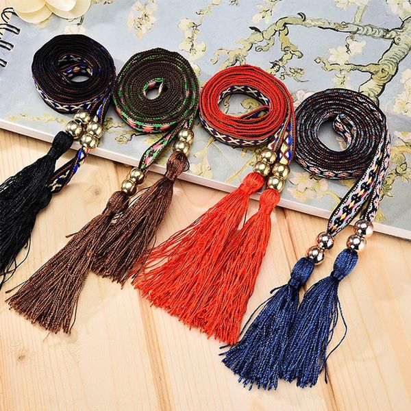 

women's national style belt all-match simple dress national dress decoration fine jacquard belt woven waist chain waist rope, Black;brown