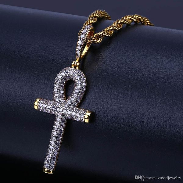 

хип-хоп рок ожерелье золото цвет все iced out micro pave cz камень анк крест кулон ожерелья с 60см rope chain, Silver