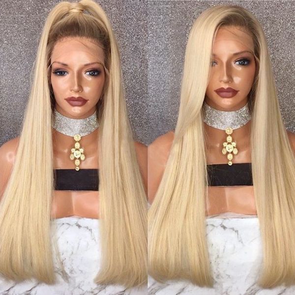 

silky straight ombre blonde wig glueless lace front wig with baby hair synthetic wigs with dark roots for black women