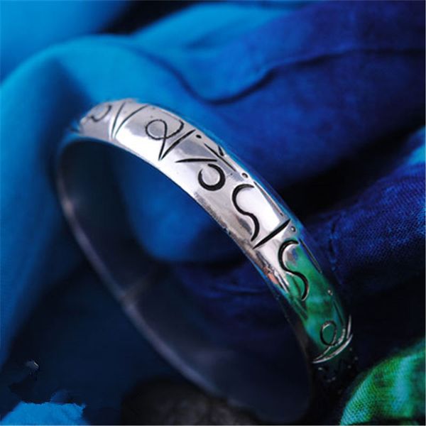 

bb-363 tibetan silver six words mantras open cuff bangle om mani padme hum, White