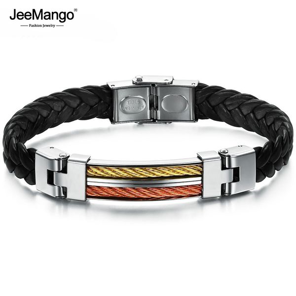 

jeemango fashion men's bracelet bangle cuff 316l stainless steel black synthetic pu leather twist wrap bracelet jewelry joph821, Golden;silver