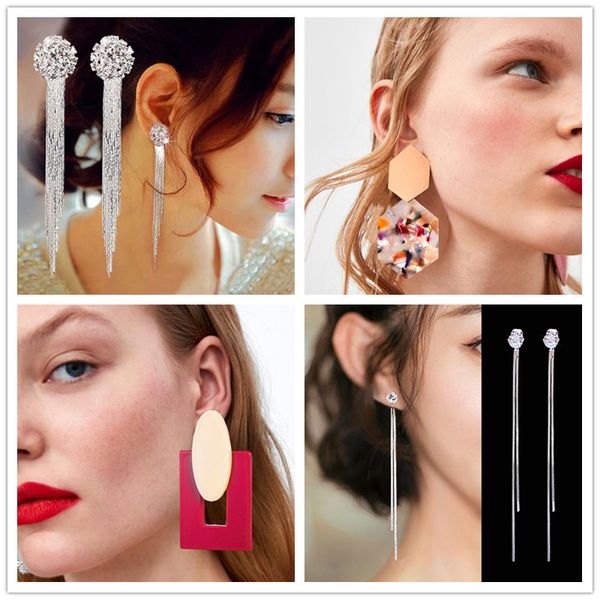 

vintage acrylic statement drop earrings for women 2019 fashion jewelry korean tassel crystal long drop dangle earrings, Silver