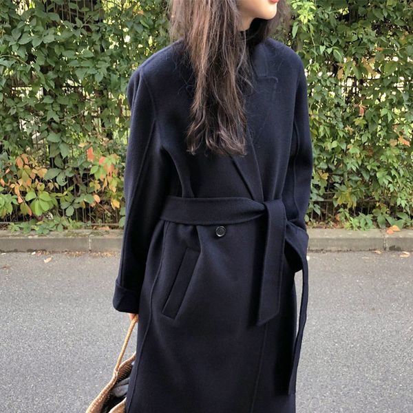 

wool coat women's long maxi dark blue coat winter wool blends runway brand warm 100% thick outfit high quality, Black
