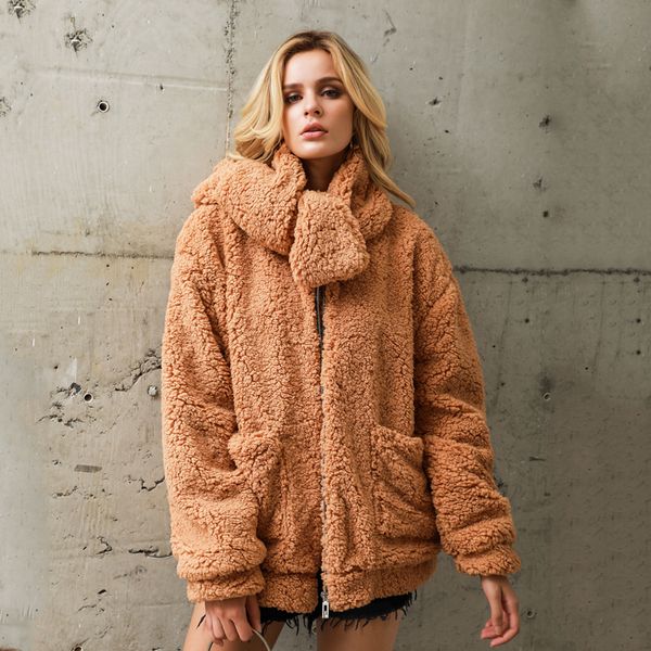 

soft zipper fur jacket with scarf female plush overcoat casual pocket outwear 2019 winter fashion warm lambwool fur coat women, Black