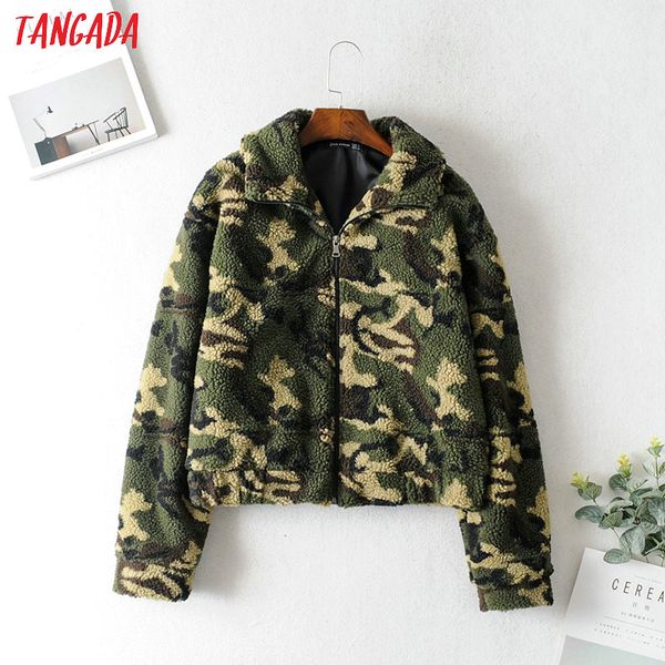 

tangada elegant women camouflage teddy coat streetwear 2019 autumn winter plush teddy coat female overcoat ja04, Black