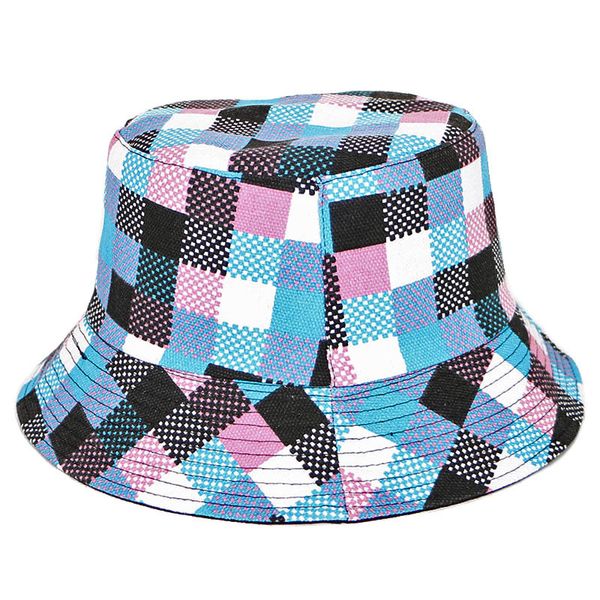 

2019 contrast plaid double-sided bucket hat women retro cap lady, Blue;gray