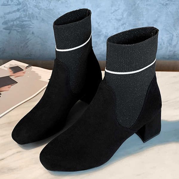

women winter boots fashion ladies round toe square med heel shoes knitting boots casual big size shoes botas mujer invierno 2019, Black