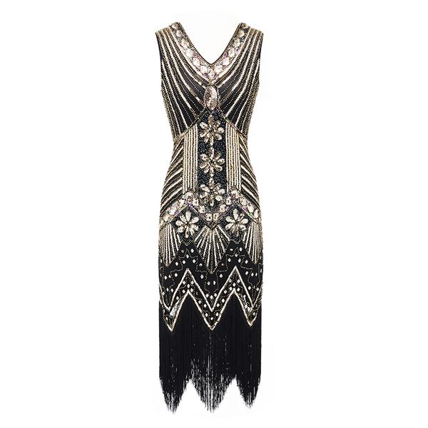 

vintage 1920s flapper great gatsby dress summer fancy costumes v-neck cap sleeve sequin fringe party midi dresses, Black;gray
