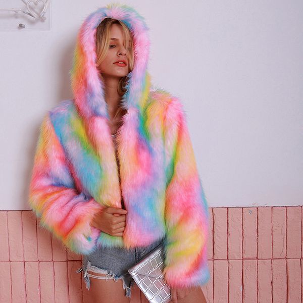 

xikoi colorful winter fur coat women faux fur coat plus size 3x thick warm hooded furry jacket women long sleeve fluffy jackets, Black