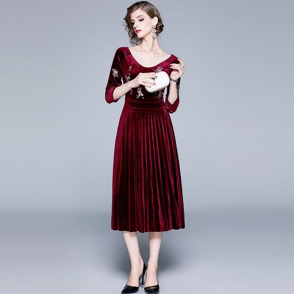 

женская дизайнерская юбка муссон глубокий v-образным вырезом плиссированные бархатные вышитые dresscw5e, Black;gray