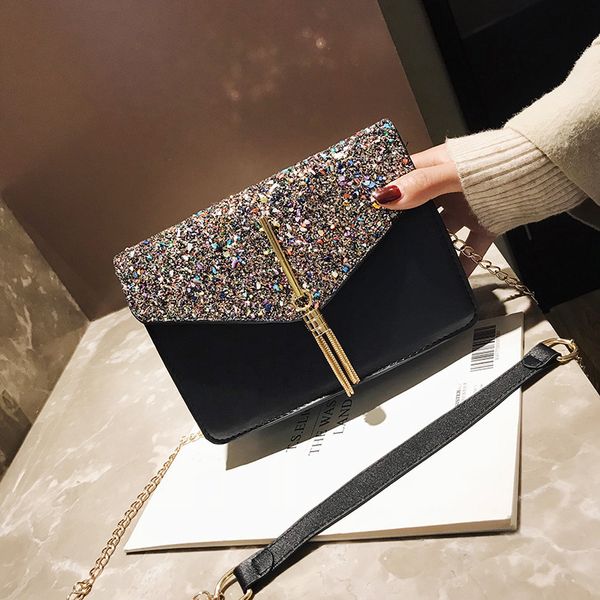 

2019 new women bag sequins fashion ladies shoulder bag ladies chain messenger tassel small square pu single