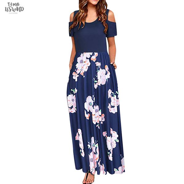 

women cold shoulder summer dress pocket floral print elegant maxi short sleeve casual dresses woman party night vestidos verano, Black;gray