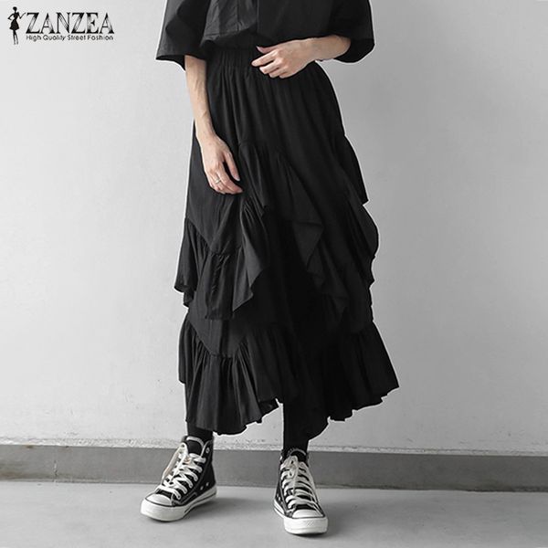 

women's summer asymmetrical skirts zanzea 2020 fashion ruffle vestidos casual solid maxi skirts female faldas saia plus size, Black