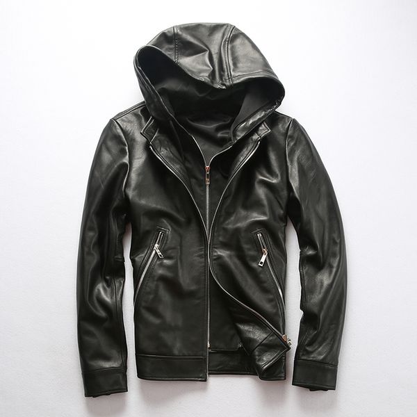 

2019 new arrivals men's hooded genuine leather jacket hat removable fashion leather coat men sheepskin clothing male, Black