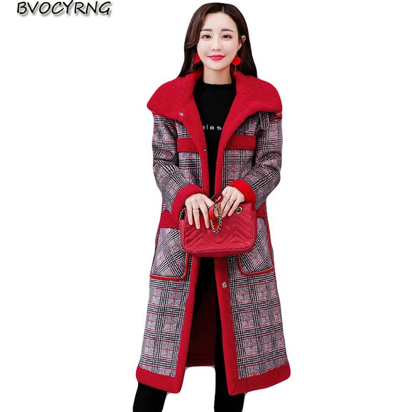 

lamb hair coat female long section winter 2018 new loose fashion plaid coat women thick cotton clothing warm woolen parka k0810, Black