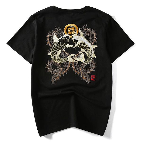

national tide new spring and summer chinese style carp embroidery ethnic round neck short sleeve t-shirt men, Black;brown