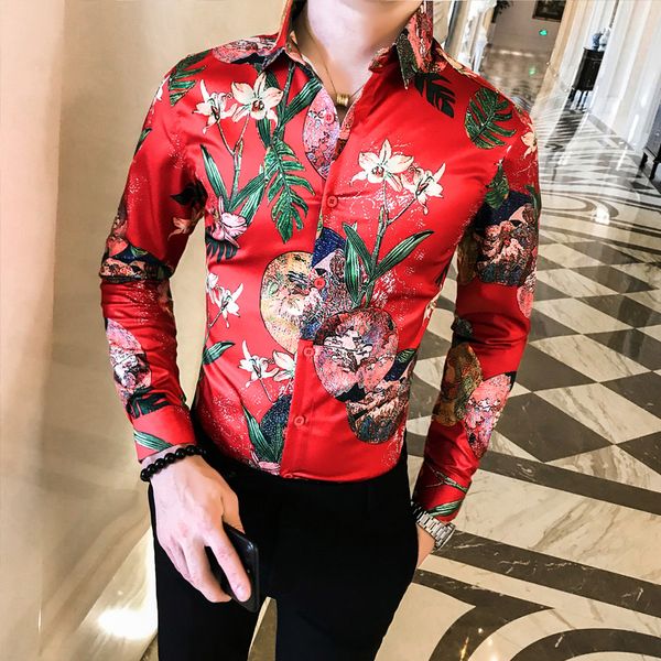 

2020 new arrival fashion flower men shirt red print luxury dress shirts long sleeve casual slim fit camisas para hombre, White;black