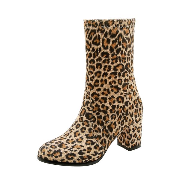 

2019 new leopard ankle boots women for autumn winter fashion stretch socks boots women shoes slip elegant square high heels 39, Black