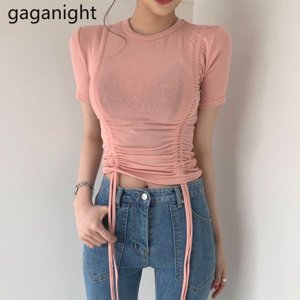

women's t-shirt gaganight women solid o neck short sleeve t shirt korean elegant silm fit lace up tees see through female t-shirts, White