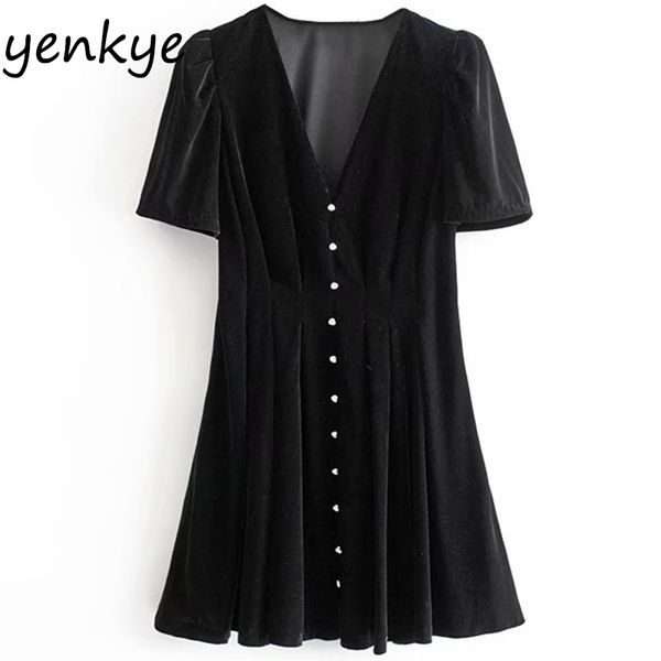 

summer dress women vintage black velvet dress elegant lady v neck short sleeve slim a-line mini dress hhwm2347, Black;pink