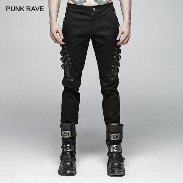 

punk rave men punk rock personality long pants fashion casual men gothic rivet pants streetwear cotton pencil, Black
