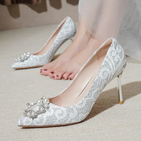 

wedding shoes women 2019 new bride high heel crystal shoes usually can wear lace white wedding, Black