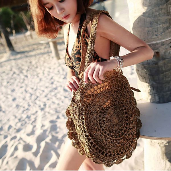 

new spring and summer fashion paper rope crochet big flowers and plants woven bag beach bag handbag art women's shoulder
