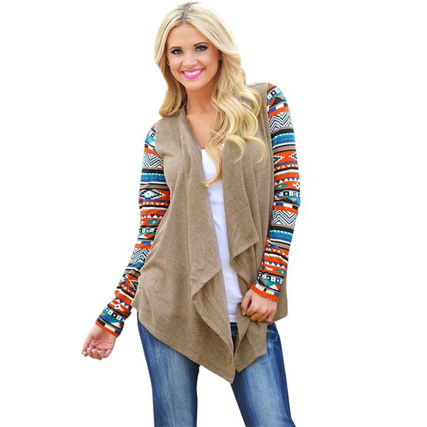 

Autumn Women Cardigan Contrast Geometric Patterns Cardigan Women Open Front Waterfall Drape Irregular Hemline Boho Outerwear Top