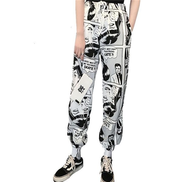 

women leggings casual pants print cartoon drawstring cartoon pants elastic waist hip hop long pants women new fashion casual trousers, Black;white