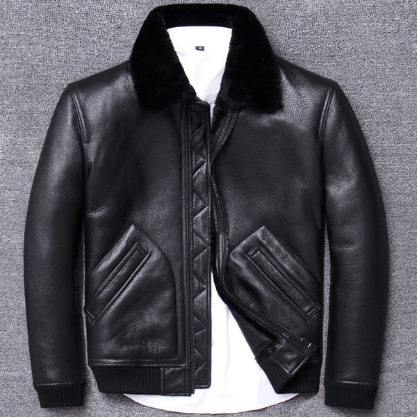 

genuine 2020 leather winter jacket sheep shearling coat for men real wool fur lining motorcycle este cuir homme u905 kj4227, Black