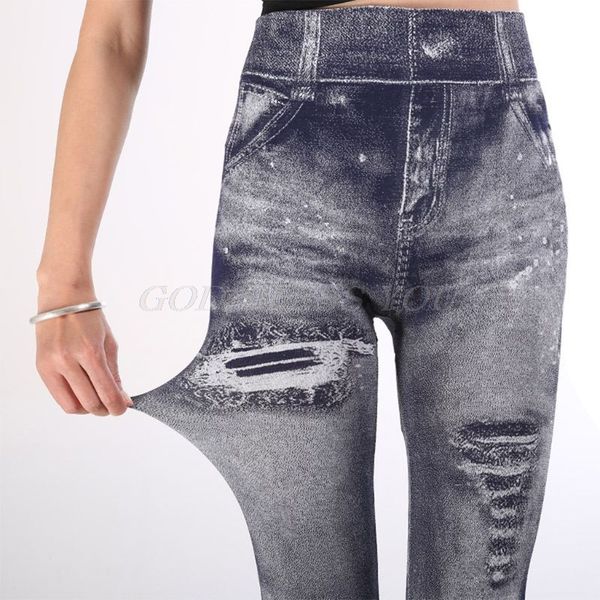 

women imitation distressed denim jeans leggings high waist slim elastic yoga pencil pants, White;red