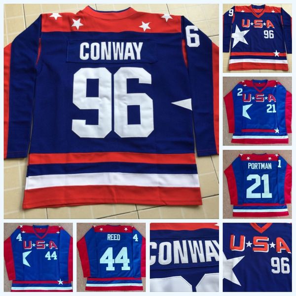 

96 Charlie Conway The Mighty Ducks D2 Movie Team USA Hockey Jerseys 21 Dean Portman 44 Fulton Reed Jersey Blue Stitched Embroidery Logos