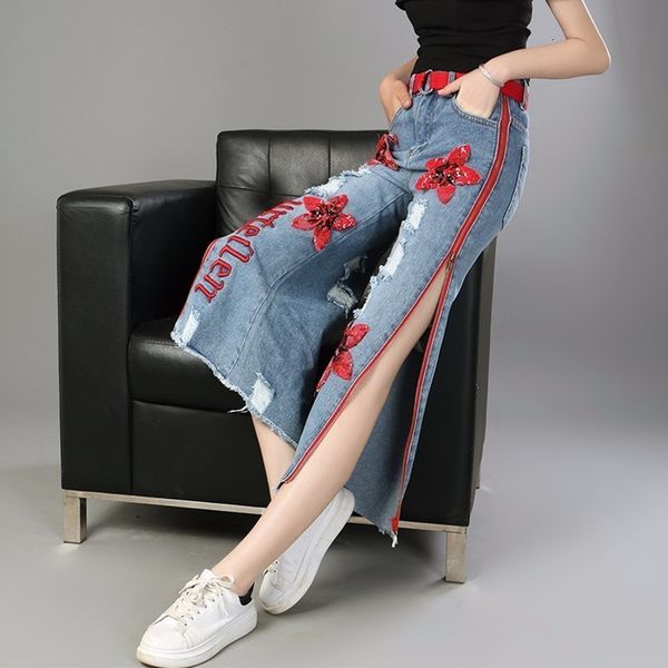 

xuxi 2019 spring new fashion straight trousers sequin embroidery side zipper personal jeans ankle-length wide leg pants fz0270, Blue