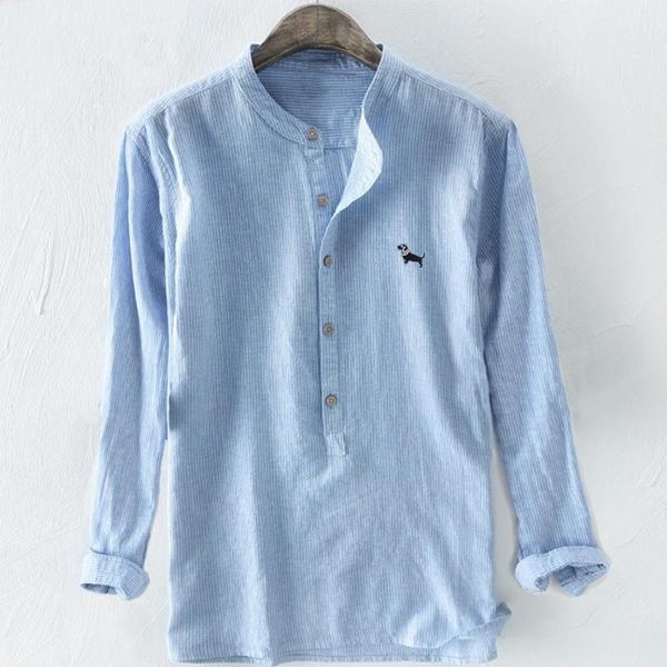 

men's shirt 2020 baggy stripe embroidery long sleeve button stand collar plus size shirt man summer male camisas hombre #623, White;black
