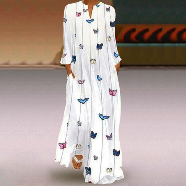 

lasperal dress bohemian print maxi dress women daily casual long sleeve striped butterfly print loose beach with pocket, Black;gray