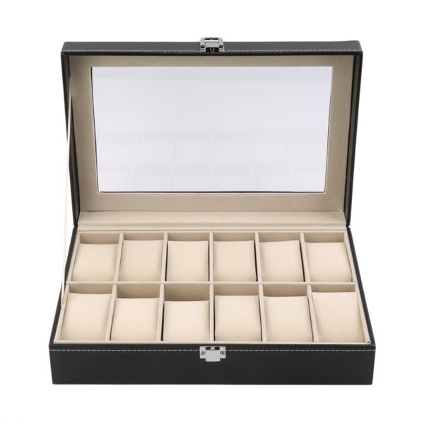 

6/12 slots grid pu leather watch display box jewelry storage organizer case locked watch display casket with black color, Black;blue